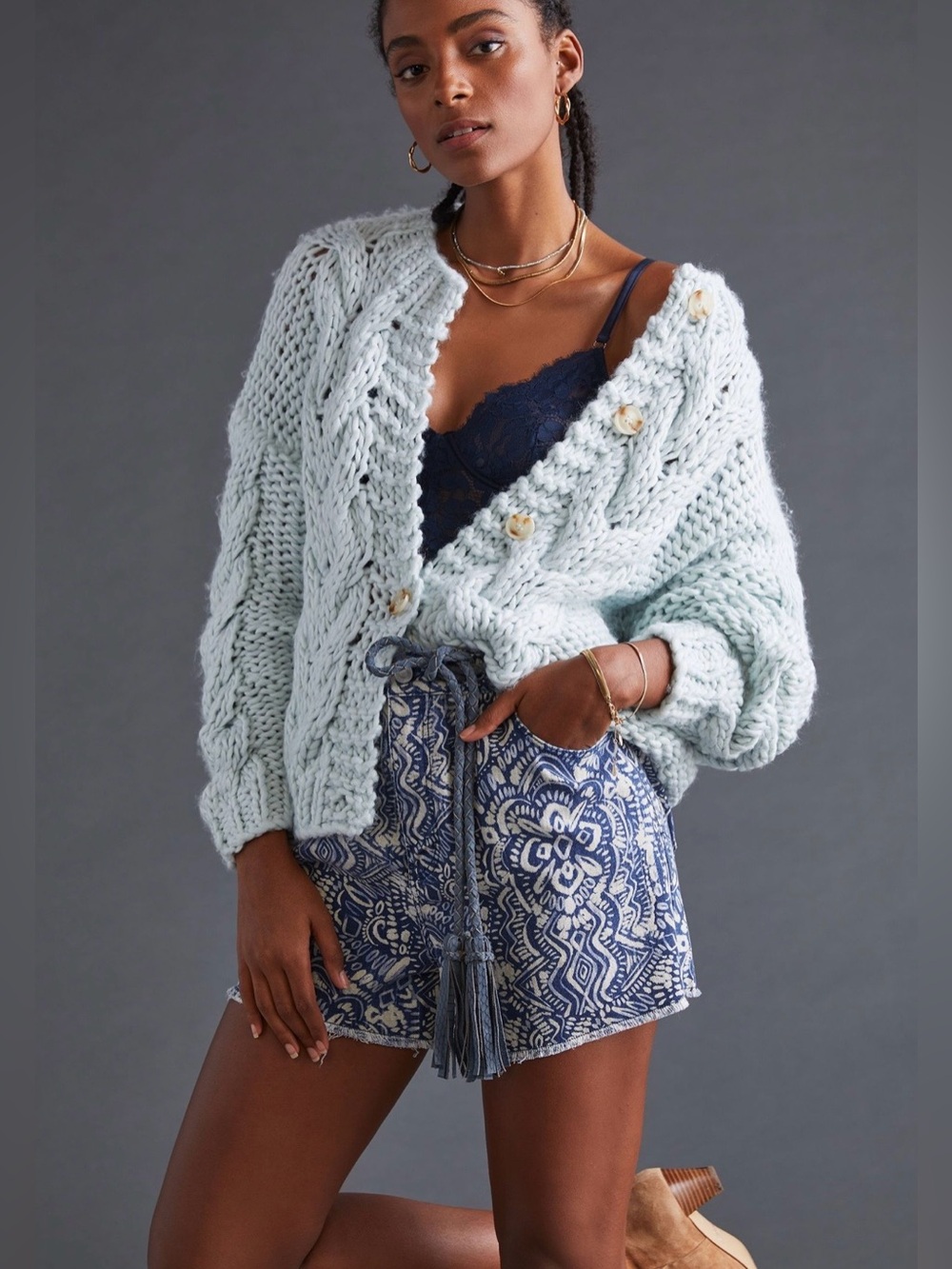 Anthropologie Pilcro Scrunchie Shorts Blue Motif Boho Print Size Medium